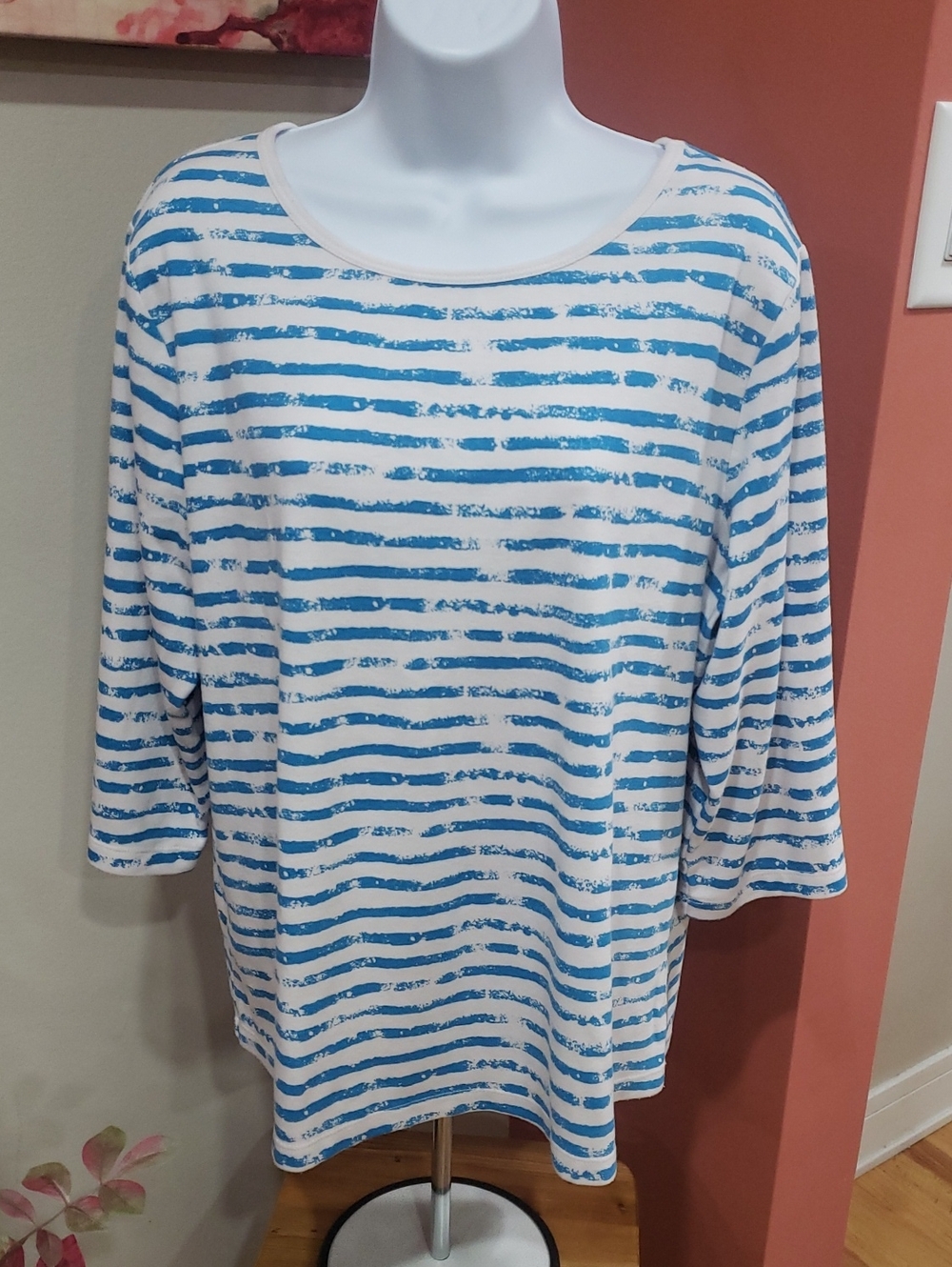 Prima Women's Blue & White Striped 3/4 Length Sleeve Top, 2X
